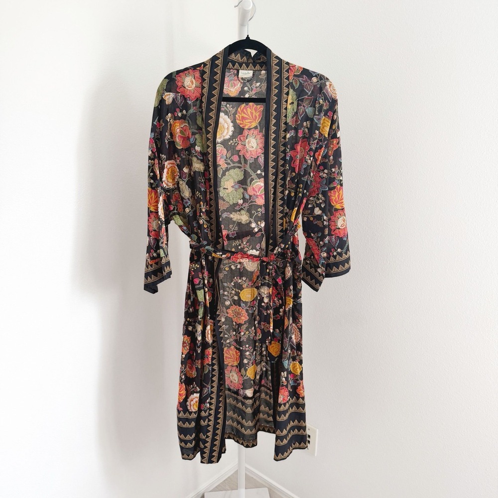 Handprint Floral Kimono Robe One Size 100% Cotton Beach Resort Tropical Boho